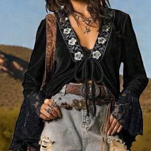 NWT Black Velvet Lace Bell Sleeve Top